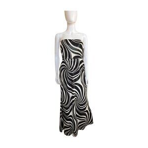 Vintage Jessica McClintock Strapless Maxi Dress | Black White Swirl | Size 10
